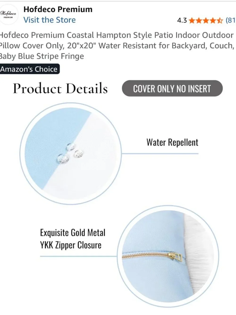 NEW Hofdeco Premium Blue and White Stripe Set of 2 Pillow Covers - Outdoor 20x20